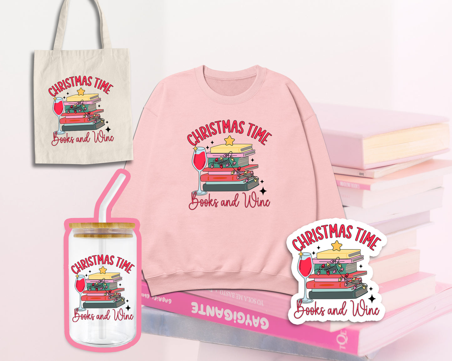 Christmas Time Books And Wine - SVG & PNG Design File
