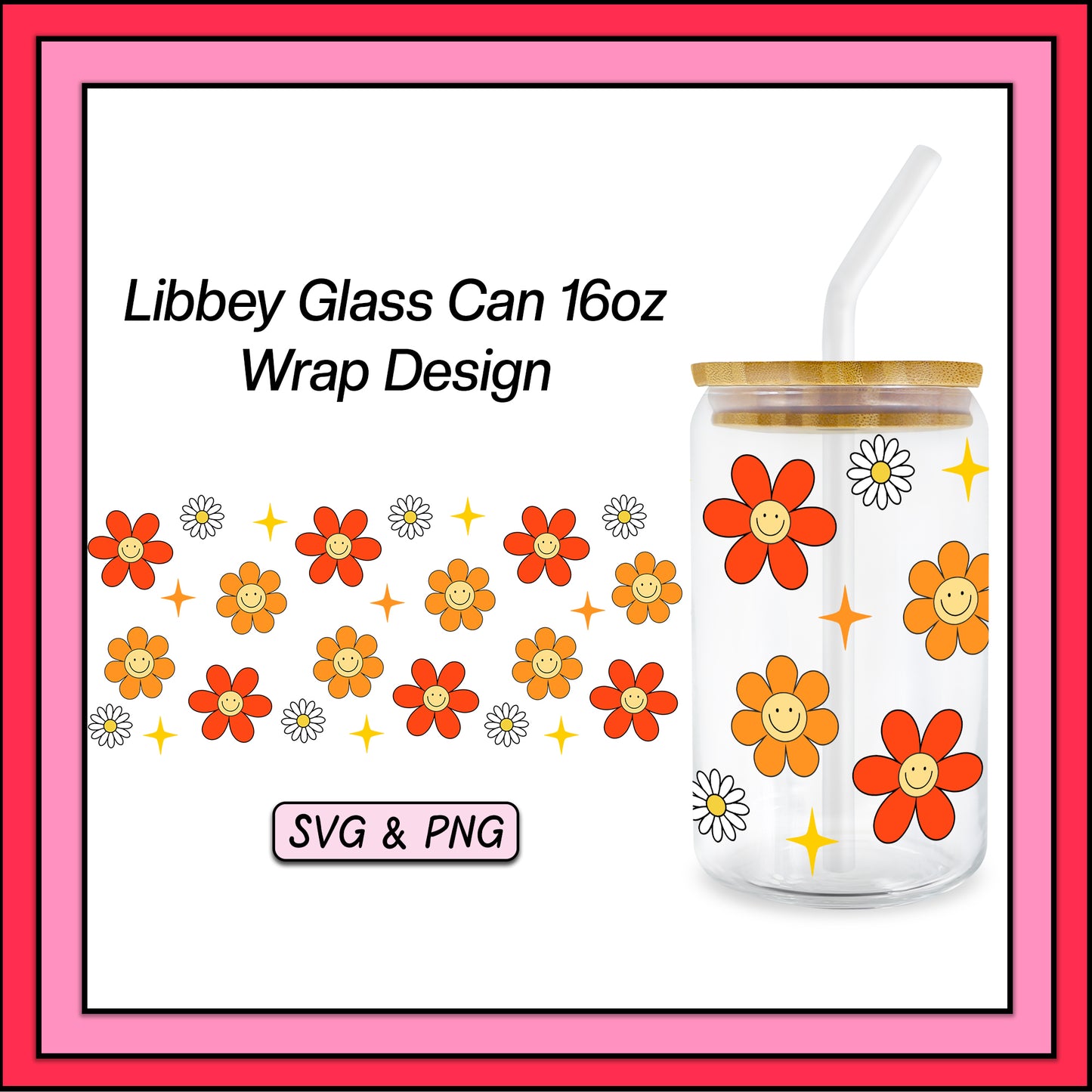 Orange & Red Flowers 16oz Glass Cup Wrap - SVG & PNG